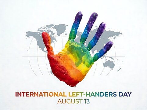 Colorful handprint with rainbow colors celebrating international lefthanders day on world map background