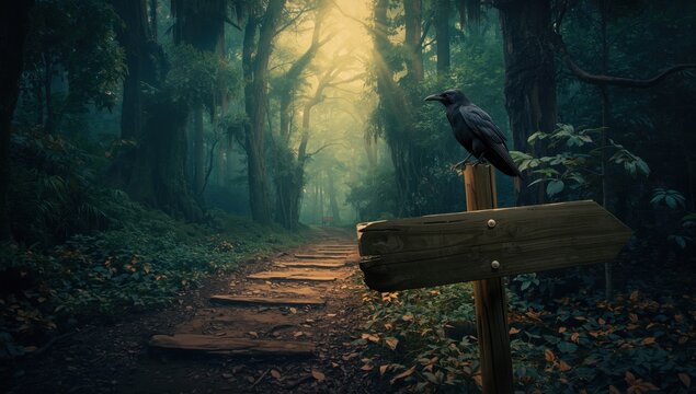 A black bird perches on a wooden signpost in a misty forest with a stone pathway
