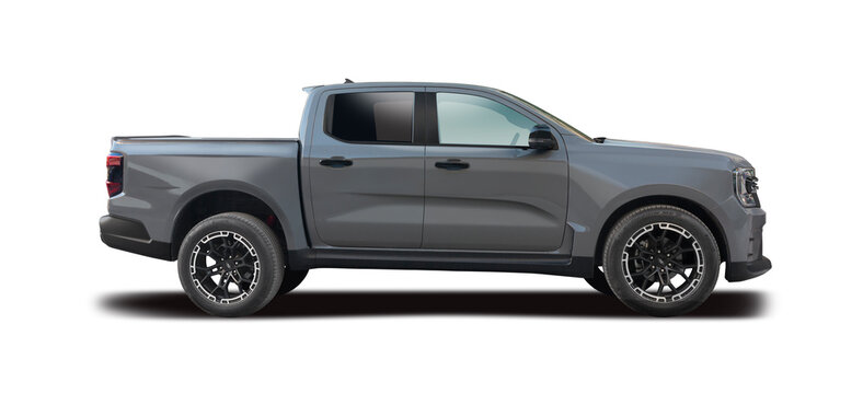 Grey Ford Ranger MS-RT Double Cab Pickup Truck - Modern 4x4 Utility Off-Road Vehicle Side Profile Isolated on White Background