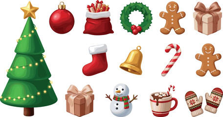 Naklejka premium Christmas Holiday Vector Icon Set Featuring Tree, Gingerbread Man, Snowman, Gifts, and Winter Festive Elements for Seasonal Celebrations and Greeting Card Designs