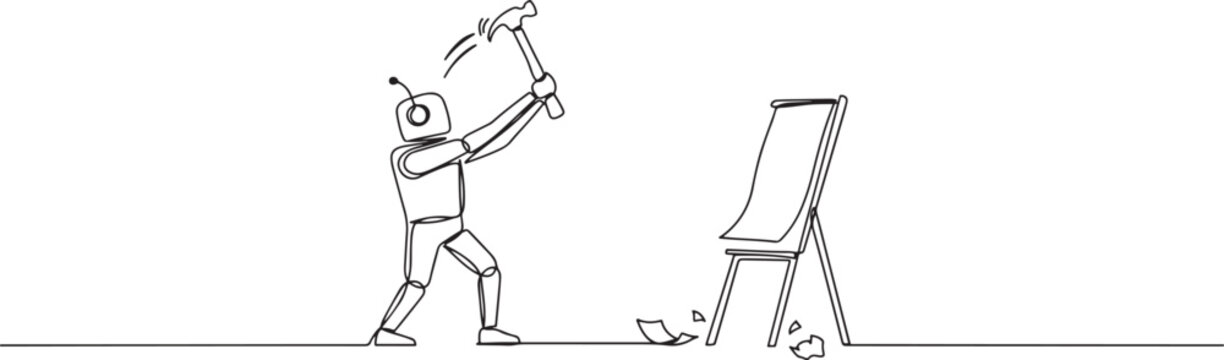 Single one line drawing smart robot preparing to hit big flip chart with hammer. Rampage. Destroy business reports that are not as desired. one line art icon drawing