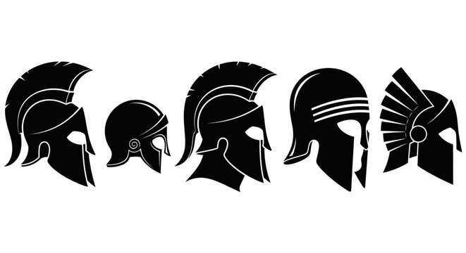 Ancient Spartan Helmet Silhouette Icon Collection Greek Warrior Gladiator Trojan Centurion Headgear Profile Symbols
