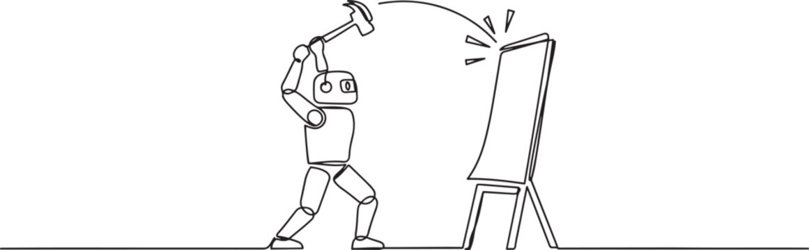 Single one line drawing smart robot preparing to hit big flip chart with hammer. Rampage. Destroy business reports that are not as desired. one line art icon drawing