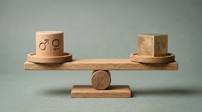Gender symbols and currency balanced on a wooden scale