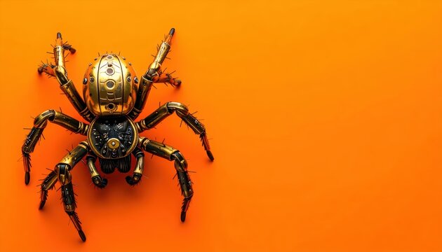 Intricate Steampunk Mechanical Spider with Gold and Black Metal Details on a Vibrant Orange Background with Ample Copy Space for Text