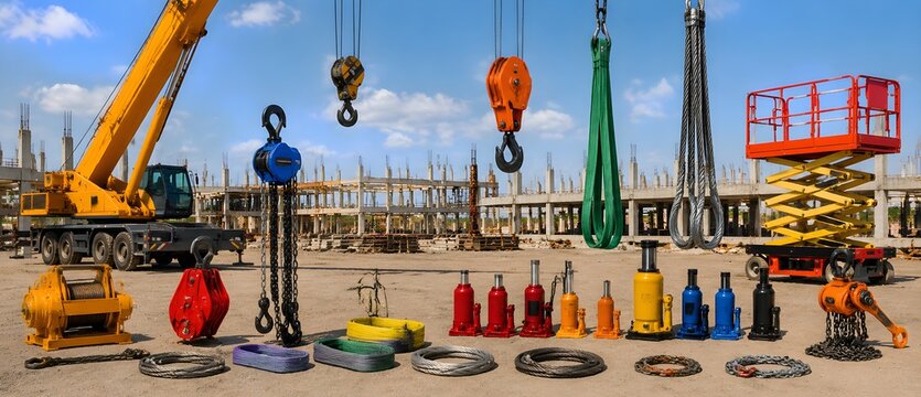 Complete Construction Lifting Equipment Collection Featuring Crane Hoists Slings Jacks and Access Platforms Equipment Systems