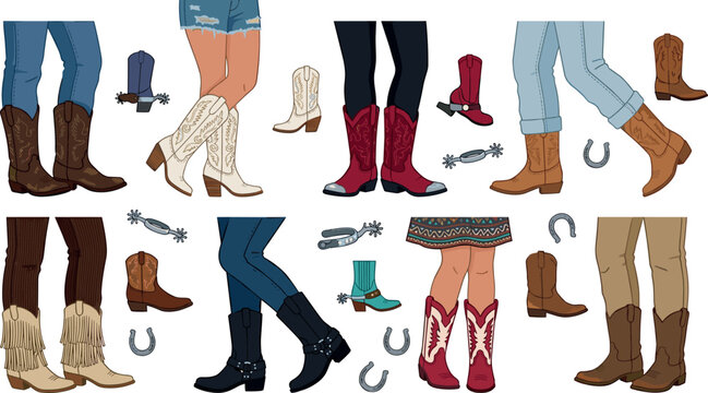 Cowboy Boots Vector Illustration Set with Legs Wearing Western Footwear Spurs and Horseshoes Elements for Country Fashion and Rodeo Designs