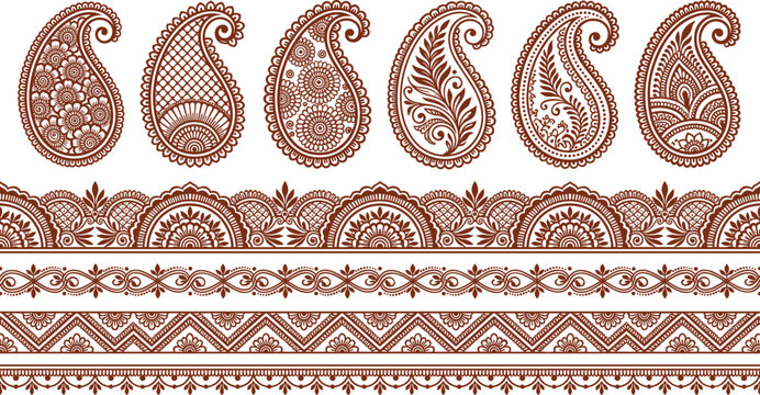 Traditional henna mehndi tattoo vector ornament collection bundle featuring paisley motifs and intricate floral border pattern design elements isolated on white background