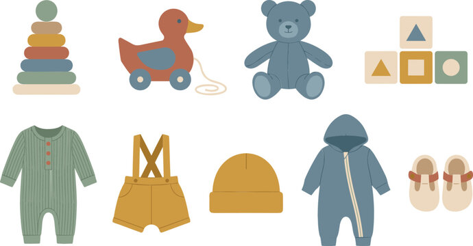 Baby toys and clothes vector icon collection bundle featuring wooden pyramid stacking ring teddy bear romper beanie and shoes isolated on white background