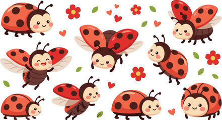 Cute ladybug cartoon vector collection featuring happy ladybirds flying, crawling, with red flowers, green leaves and little hearts isolated on white background. © MdSaddam