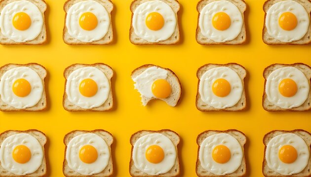 Pattern of fried eggs on toast arranged on a vibrant yellow background