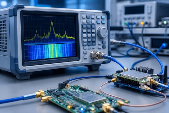 Spectrum Analyzer Connected to Radio Frequency Modules for Advanced Communication Testing and Electronics Engineering Applications