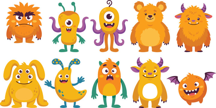 Cute orange and yellow monsters vector cartoon collection featuring friendly alien creatures with horns, tentacles, wings and funny faces isolated on white background.