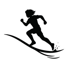 Obraz premium Youth running down sand dune silhouette. Teenager sprinting on slope with wind in hair. Vector illustration isolated on transparent background