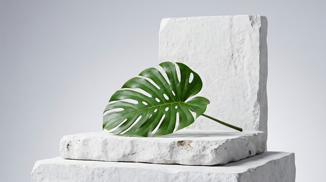 Monstera leaf on white stone pedestal minimalist botanical display for product showcase or wellness branding