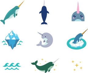 Cute Narwhal Vector Illustration Set with Magical Sea Unicorn Characters Iceberg Waves Stars and Arctic Marine Animal Icons for Kids Design © Najir