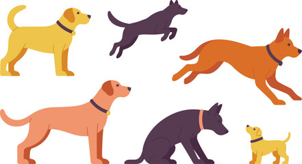 Obraz premium Playful dogs flat vector illustration. Six canine companions of various breeds display active poses like running, jumping, sitting, standing, and playing together.