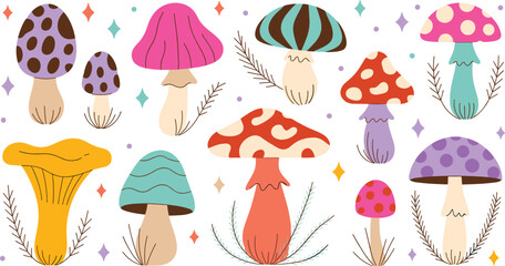 Psychedelic mushrooms flat vector illustration. Whimsical woodland fungi showcase bright neon hues, spotted caps, striped patterns, pine needles, and glowing magic stars. © IVY QUEEN