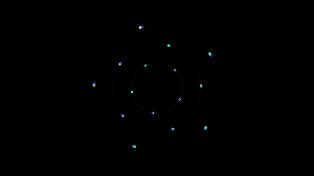Futuristic abstract animation of glowing data particles rotating on multiple orbital paths against a deep black backdrop for technology concepts