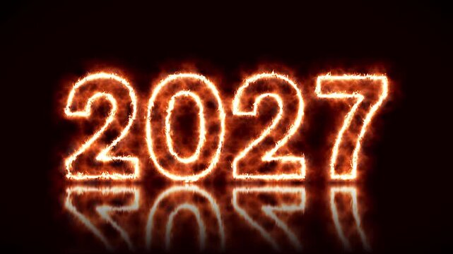 Video animation of an abstract fire with the year 2027 on a reflective floor - represents the new year - happy new year concept.