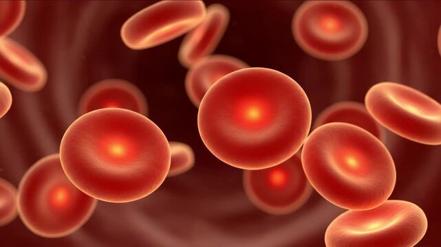 Microscopic view of red blood cells flowing through a vein or artery, representing human biology and medical health