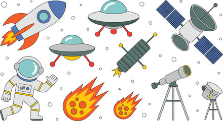 Space exploration flat vector illustration. Cartoon elements feature an astronaut, rocket ship, flying saucers, satellites, telescope, meteors, and small stars. © IVY QUEEN