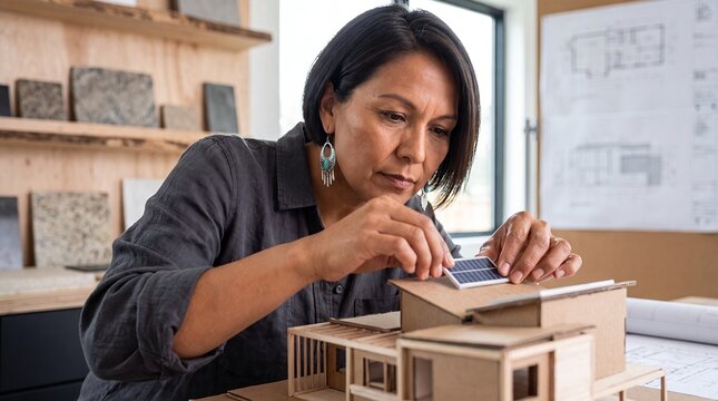indigenous architect architecture model design woman studio construction creative professional designer builds a modern house prototype for sustainable planning diverse careers and business promotion