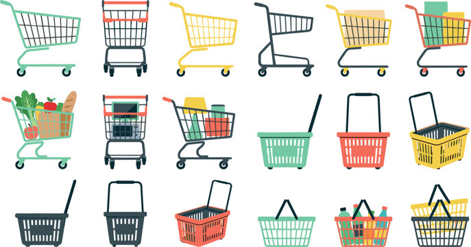 Shopping cart and grocery basket vector icon collection bundle with open full empty supermarket trolley and hand baskets isolated on white background