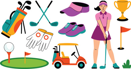 Golf player flat vector illustration. A female golfer stands with clubs, bag, cart, ball, green, gloves, visor, shoes, and championship gold trophy. © IVY QUEEN