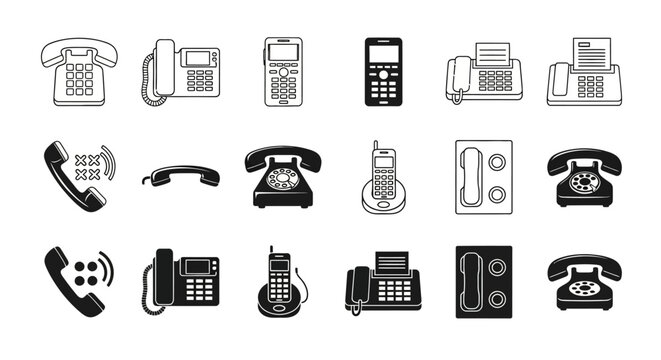 Collection of retro and modern telephones, including cordless, fax, and rotary models, representing communication technology evolution
