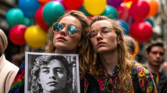 Two young women with sunglasses hold a black and white photo of a model while surrounded by colorful balloons during a vibrant street celebration in a city