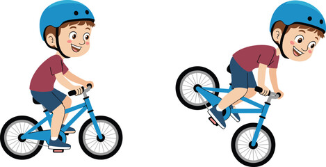 Obraz premium Bicycle stunt flat vector illustration. A happy boy wearing a blue helmet rides a matching bike normally and pops a daring wheelie trick.