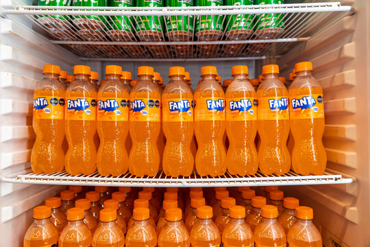 Iguazu, Argentina, March 03, 2026, Fanta, plastic bottles, orange soda drinks on store refrigerator shelves