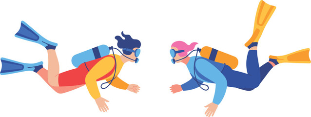 Scuba couple flat vector illustration. A man and woman in colorful wetsuits float face-to-face using flippers, masks, and oxygen tanks. © IVY QUEEN