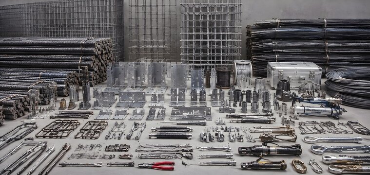 Complete Structural Construction Equipment Collection Featuring Reinforcement Bars Connections Prestressing Hardware and Professional Engineering Tools