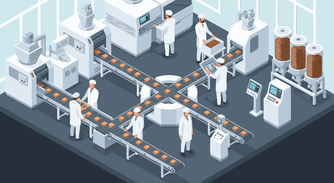 Isometric industrial food factory automation line with workers, conveyor belt machinery, vector illustration graphic design