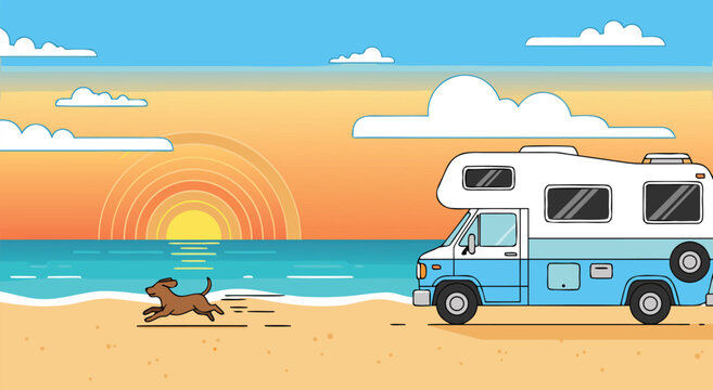 Camper van parked on a sandy beach during sunset with a dog running, flat Design, illustration, vector