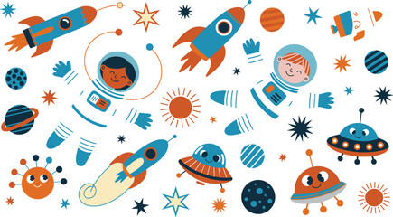 Astronaut kids flat vector illustration. Smiling children cosmonauts float alongside swift rockets, alien UFO saucers, striped planets, and twinkling retro stars. © IVY QUEEN