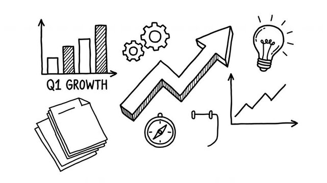 Business Q1 growth metrics illustration featuring bar chart gears upward arrow lightbulb documents compass 4K Hand Drawn Animation