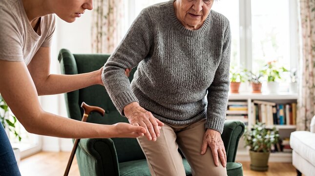 elderly care mobility assistance senior caregiver standing support home independence Caregiver steadies a woman rising from an armchair beside her cane for fall prevention and active aging services