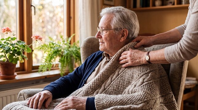 elderly care blanket senior warmth comfort caregiver home support compassion Helper wraps a seated older man in a knitted throw beside a window for winter wellness and compassionate aging services