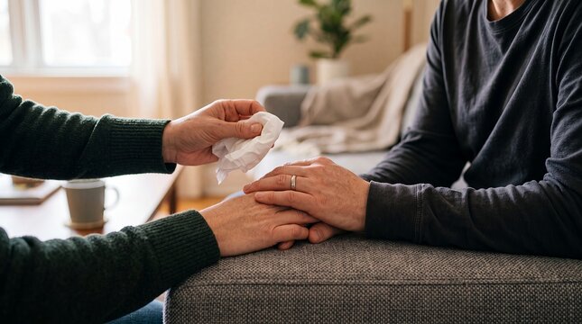 emotional support comfort tissue woman crying empathy grief care compassion Helper offers a tissue while holding a person's hand on a sofa for bereavement counseling and mental wellness campaigns