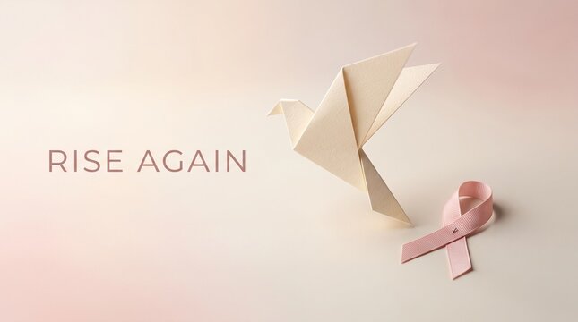 Breast cancer awareness symbolic origami bird ribbon representing hope and resilience