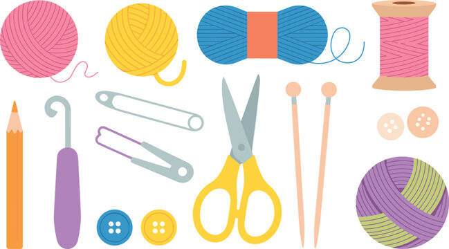 Sewing supplies flat vector illustration. Colorful yarn balls, knitting needles, scissors, buttons, crochet hook and pins form a crafting collection.