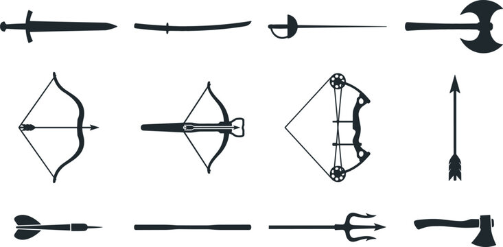 Medieval weapons and archery black silhouette icon bundle featuring sword katana rapier battle axe bow crossbow trident and arrow isolated on white background