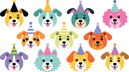 Naklejka premium Dog faces flat vector illustration. Eleven cute cartoon puppy heads wear colorful conical birthday hats with playful festive patterns.