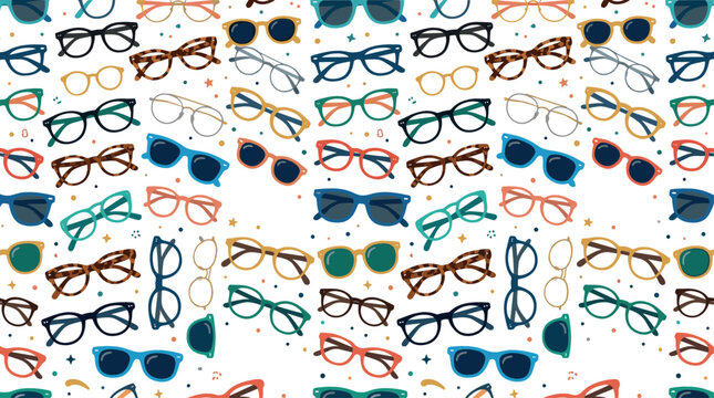 Colorful eyeglasses and sunglasses seamless pattern backdrop bundle with fashionable eyewear frame design elements scattered on white background
