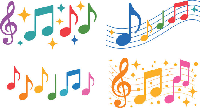 Musical notes flat vector illustration. Colorful treble clefs, staves, eighth notes and sparkling stars form a whimsical melody icon collection.