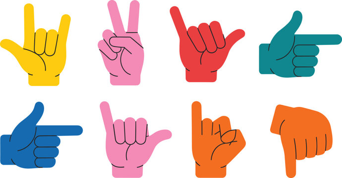 Hand gestures flat vector illustration. Colorful icons show sign language, victory peace, pointing fingers, shaka and thumbs down symbols.