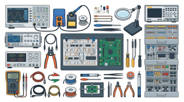 Assorted Electronic Tools and Equipment Display.
